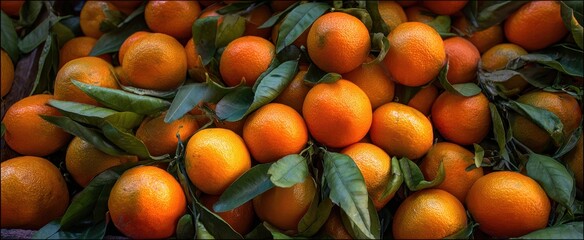 The Oranges A Vibrant Heap of Fresh Citrus with Glossy Green Leaves in Sunlight