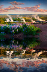 Erupting of the Great Geysir lies in Haukadalur valley