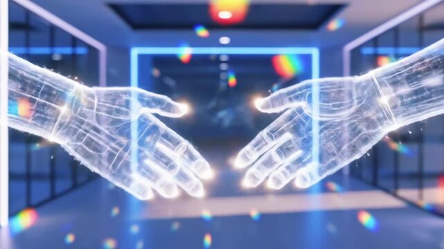 Glowing, wireframe hands shaking, overlaid in a digital space, blue hues, suggesting connection - Powered by Adobe