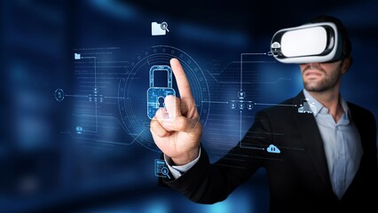 A businessman experiencing virtual reality while interacting with a futuristic interface highlighting security concepts, emphasizing digital innovation and data protection. Raster