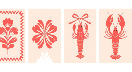 Decorative coral red floral pattern and crawfish motifs isolated on white background