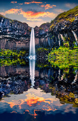 Dramatic morning view of  famous Svartifoss (Black Fall) Waterfall