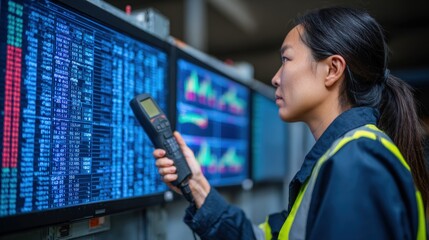 Medium shot of a warehouse worker using a handheld scanner to update an automated inventory system with digital screens displaying realtime stock data