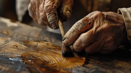 Skilled hands meticulously apply golden varnish to aged wood, revealing centuries of craftsmanship and enduring beauty in a detailed close-up.