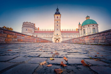Majestic morning view of Krasiczyn Castle. Picturesque autumn cityscape of Krasiczyn, village in Przemysl County, Subcarpathian Voivodeship, in south-eastern Poland, Europe.