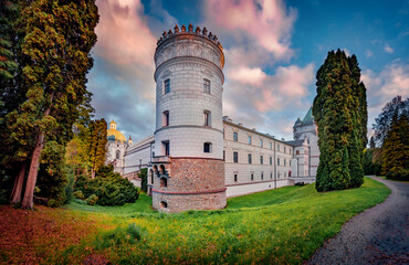 Majestic morning view of Krasiczyn Castle. Spectacular summer sunrise in Krasiczyn, village in Przemysl County, Subcarpathian Voivodeship, in south-eastern Poland, Europe.