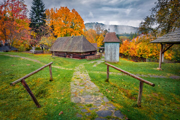 Colorful autumn view of old wooden houses, Slovalia, Europe. Spectacular morning scene of Bardejov Spa resort. Traveling concept background.