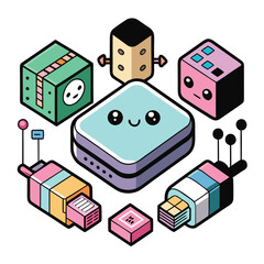 Isometric Cute Tech Gadgets Illustration Set Colorful and Playful Design for Tech Lovers and Graphic Projects with Diverse Devices and Character Faces