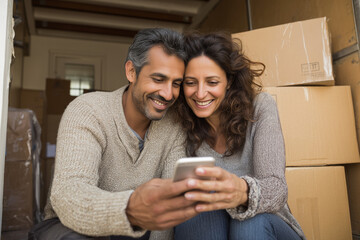 Moving Moments: A couple smiles, engrossed in their smartphone, surrounded by boxes, capturing the anticipation of a new beginning, embodying the concept of domestic bliss.
