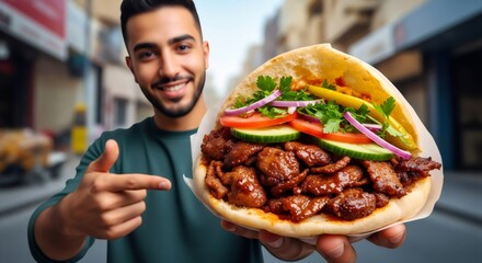 A happy young man holding a delicious doner kebab sandwich. Traditional Turkish street food. Fast food and takeaway meal concept.