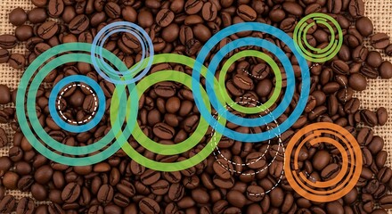 Coffee Beans with Colorful Concentric Circles Overlay.