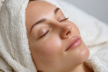 Serene Beauty Ritual: A woman finds peace, eyes closed, enveloped in the comforting embrace of a spa, as a clean towel caresses her skin and the promise of relaxation awaits.