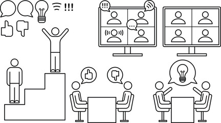 business meeting conference remote online working brainstorming discussion collaboration ideas vector icon pack