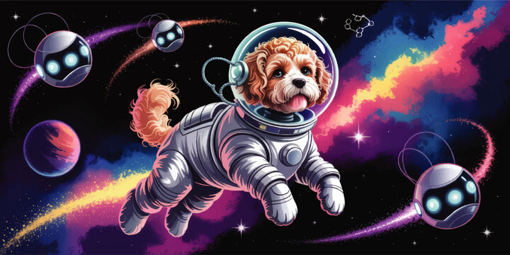 Cute Astronaut Dog Floating in Outer Space With Colorful Galaxy and Friendly Robots, Fun Science Fiction Illustration - Powered by Adobe