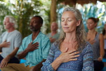 A group of senior people doing meditation