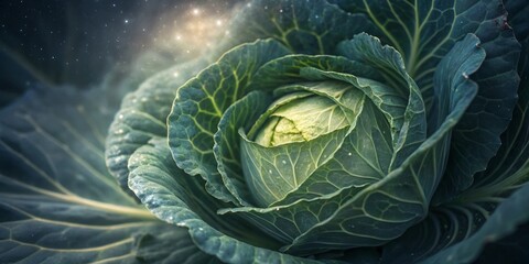 Fototapeta premium Lush cabbage nestled in vibrant green leaves under a starry sky Generative AI