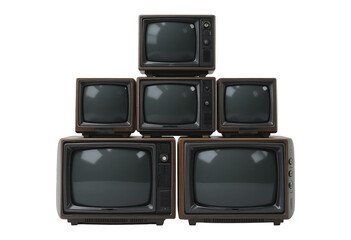 An Art Installation of Old Televisions, Cut Out, Clipping Path, Isolated on a Transparent PNG Background.