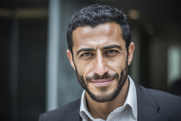 Handsome confident businessman in a black suit with a tie smiling in a successful executive portrait
