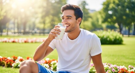 Handsome young man drinking a glass of milk in a sunny park. Smiling person enjoying a healthy beverage outdoors. Healthy lifestyle and nutrition concept.