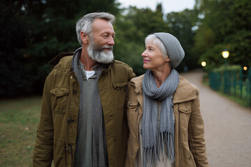 Happy retired senior couple smiling together outdoors in the park showing their love and happiness