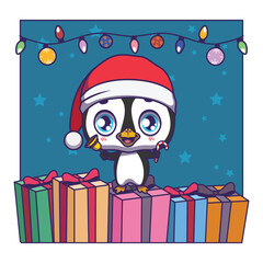 Cute illustration of a festive penguin with a Santa hat