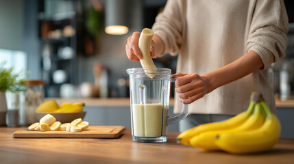 Woman adding banana to blender with liquid on a kitchen counter with more bananas around it