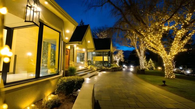 Professional holiday lighting design services incorporating decorative illumination elements and atmospheric bokeh effects enable homeowners and businesses to create magical festiv
