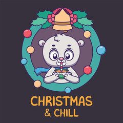 Cute polar bear drinking hot cocoa