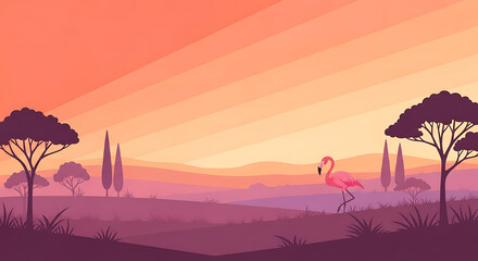 Naklejka premium Flamingo in a landscape with trees at sunset, vector illustration scene