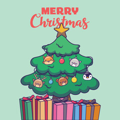 Cute Christmas illustration with a tree decorated with animal shaped ornaments