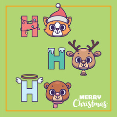 Ho Ho Ho Christmas illustration with cute animal faces