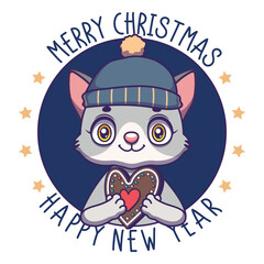 Cute festive illustration with a cartoon cat holding a heart shaped gingerbread cookie