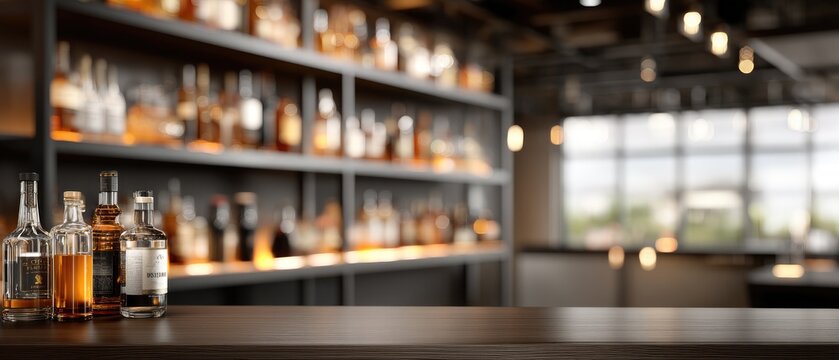 Warm atmosphere in a stylish bar with a variety of whiskey bottles on the shelf during the evening