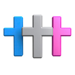 Fototapeta premium Three stylized, 3D crosses in blue, gray, and pink against a black background