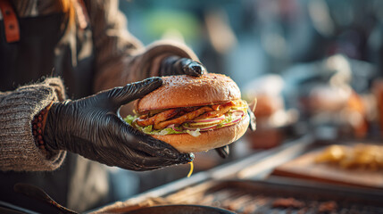 A person holding a burger with black gloves, showcasing the delicious food preparation process outdoors