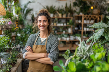 Happy Hispanic woman smiling with a potted plant in a sunny greenhouse