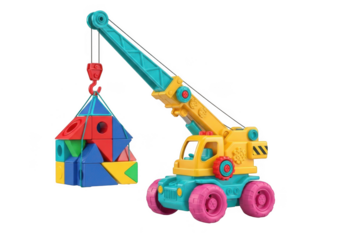 Colorful toy crane truck lifting building blocks fun play construction equipment for kids isolated on transparent background