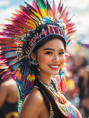 Smiling woman in a colorful feathered headdress and traditional costume. Close-up portrait at an outdoor carnival. Celebration of cultural heritage
