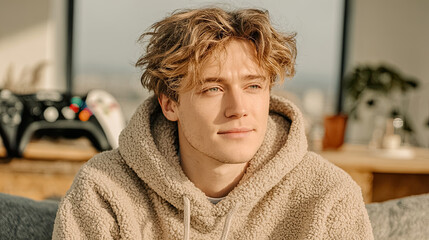 Blond young man with thoughtful look sitting in modern room with natural light and blurred background - Generated with AI
