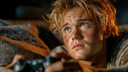 Boy playing video games with intense expression and dirty face in dramatic lighting from a couch - Generated with AI