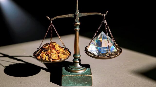 A balance scale, with a pile of coins and a diamond on the trays, symbolizing value and wealth