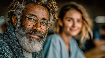 Older man with glasses and white beard smiling warmly with young woman blurred in the background - Generated with AI
