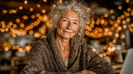 Mature woman with curly gray hair in warm setting decorated with hanging lights and serene expression - Generated with AI