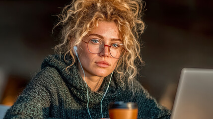 Blonde woman with round glasses and dark sweater looks serious from laptop while listening with earphones - Generated with AI