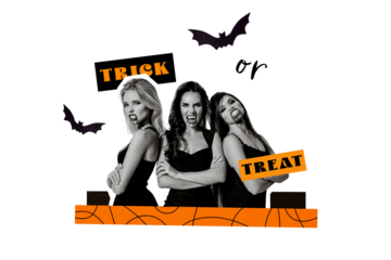 Composite trend 3D collage of halloween autumn season spooky creepy day three young lady witch vampire face grimace blood trick or treat