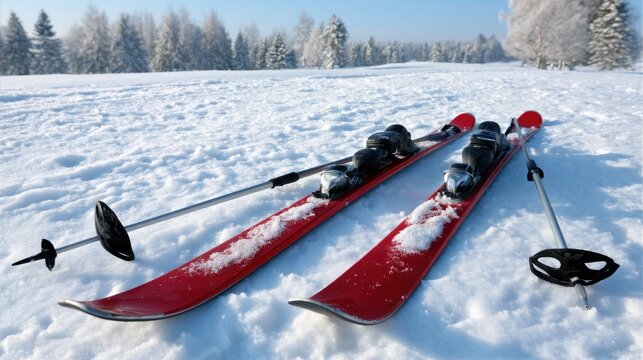 Bright sunny day on a snowy landscape with red skis and poles resting on the fresh white snow in a quiet winter wonderland