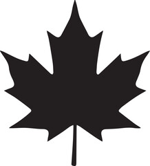 Fototapeta premium Black silhouette of a maple leaf with five sharp points and a curved stem, autumn leaves, symbol of Canada