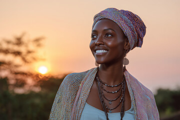 An elderly African American woman with a beautiful smile is outdoors in the summer, her face expressing joy with a young child