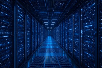 Long Corridor of Server Racks with Blue Lights in a Data Center image photo