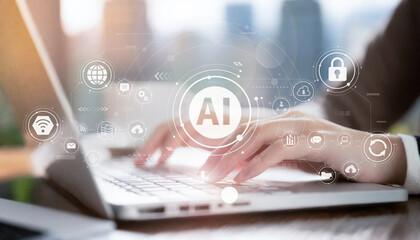 AI活用とDX推進を象徴するビジネスウーマンのノートパソコン作業イメージ